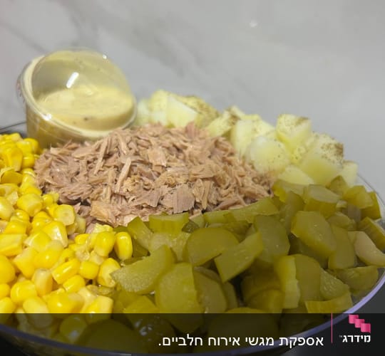 סלט עם תירס, מלפפונים חמוצים, טונה ורוטב בצד